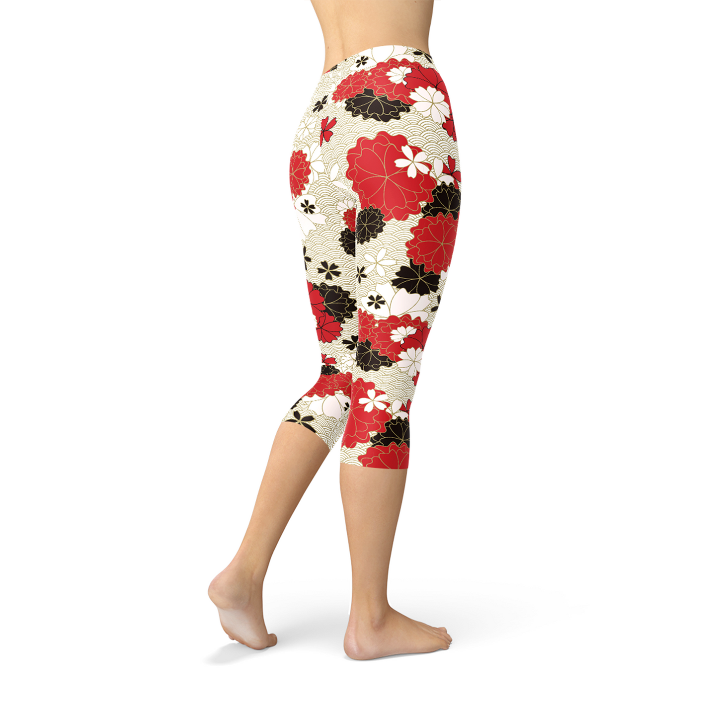Leggings capri con estampado de flor de cerezo japonesa para mujer