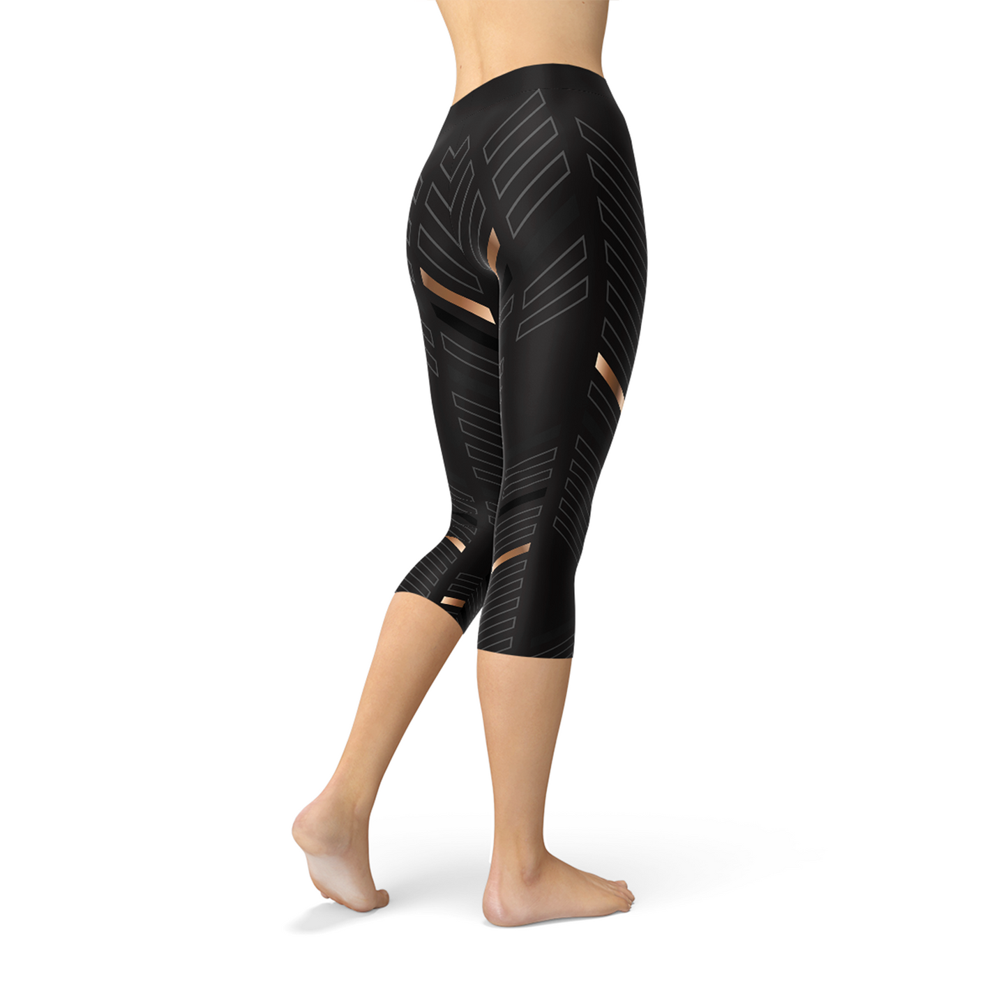 Leggings capri negros con rayas deportivas para mujer
