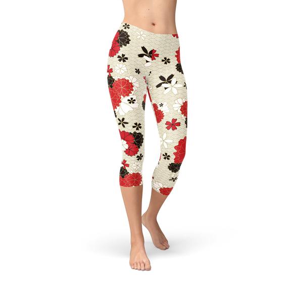 Leggings capri con estampado de flor de cerezo japonesa para mujer