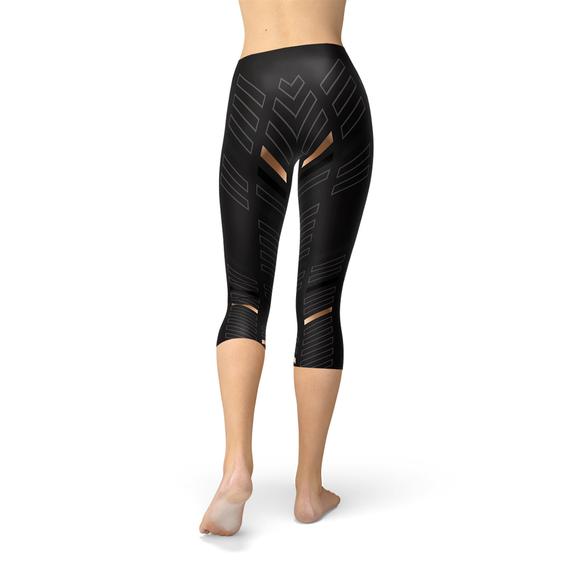 Leggings capri negros con rayas deportivas para mujer