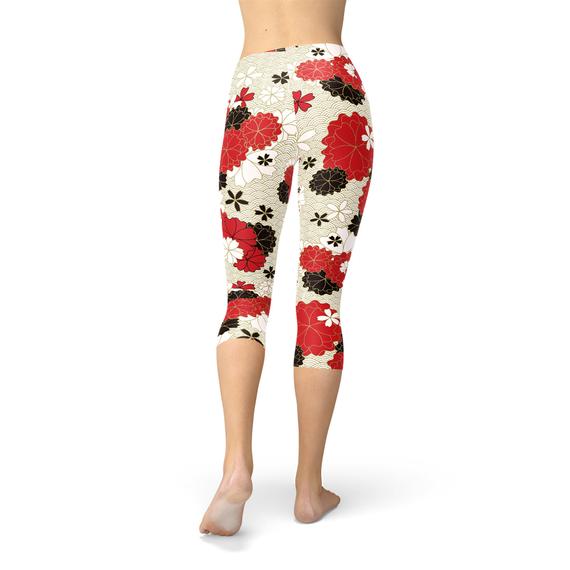 Leggings capri con estampado de flor de cerezo japonesa para mujer