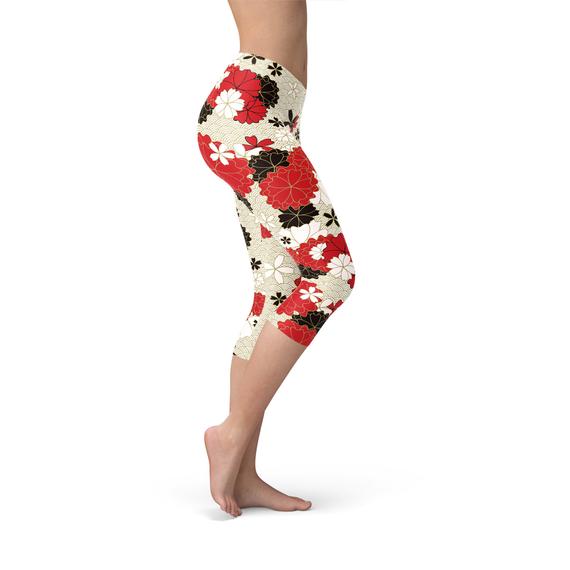 Leggings capri con estampado de flor de cerezo japonesa para mujer
