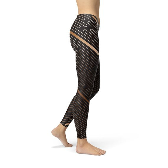 Leggings deportivos marrones con líneas de rayas para mujer