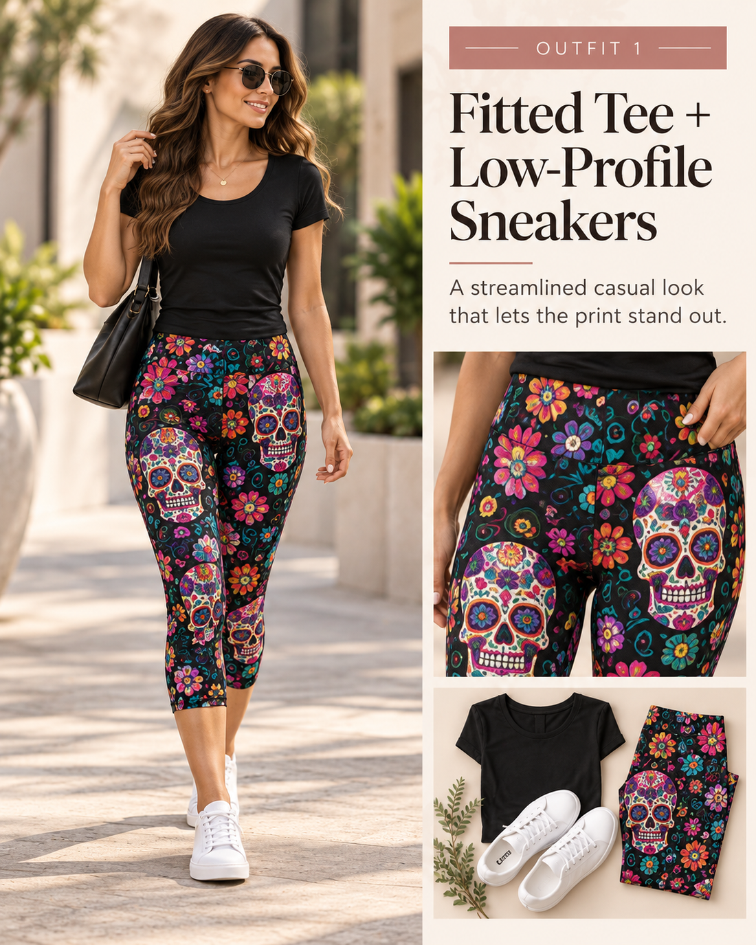 Capri leggings styled with a fitted black tee and white low-profile sneakers.