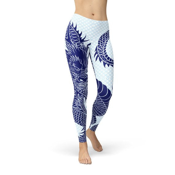 Japanese Dragon High-Waist Statement Leggings featured in a bold-print style comparison