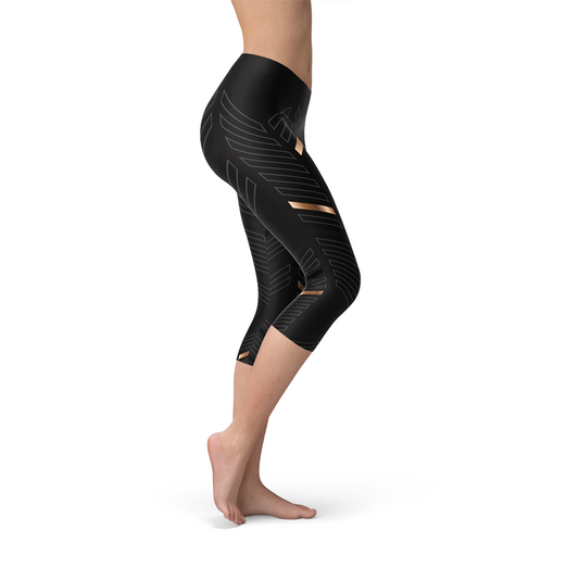 Leggings capri negros con rayas deportivas para mujer
